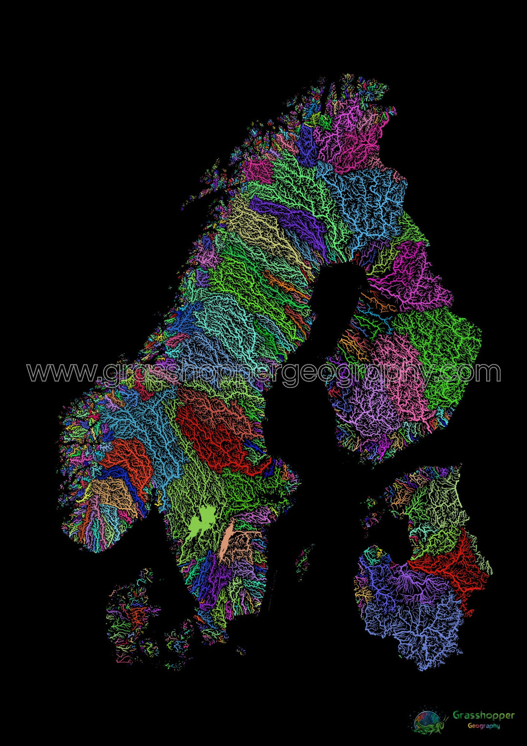 River basin map of Scandinavia, rainbow colours on black - Fine Art Print