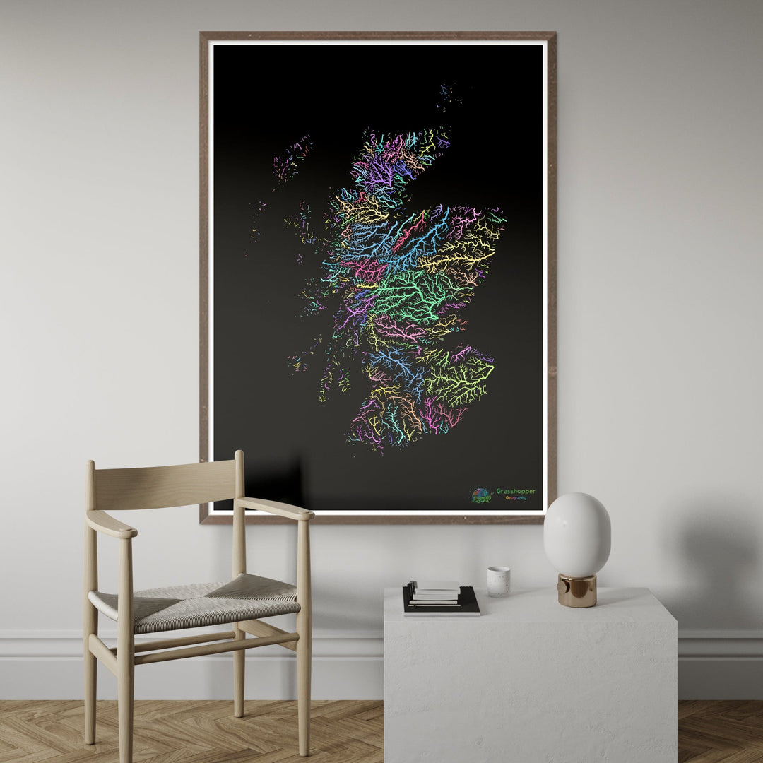 River basin map of Scotland, pastel colours on black - Fine Art Print