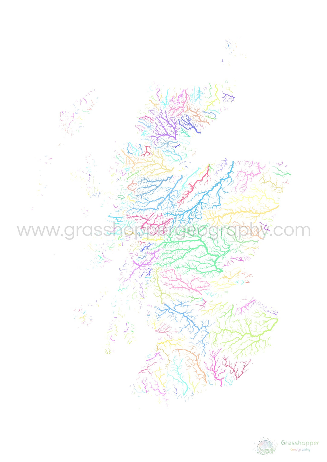Escócia - Mapa da bacia hidrográfica, pastel sobre branco - Impressão de belas artes