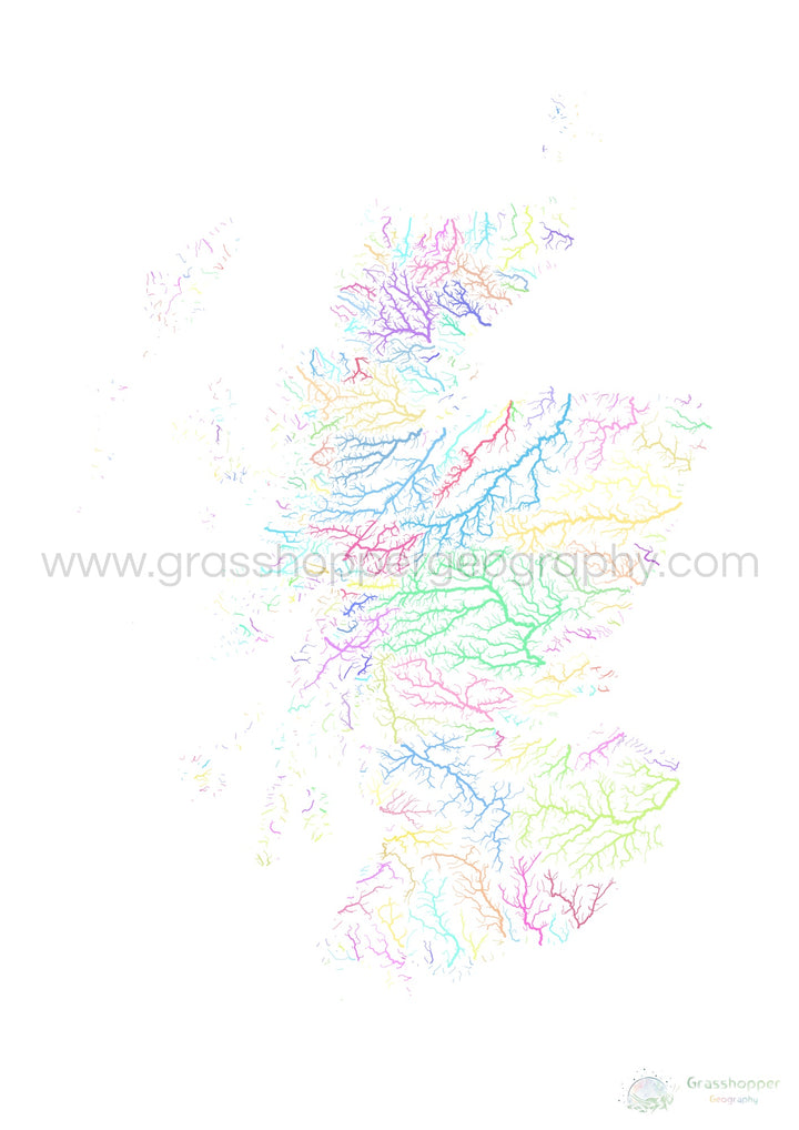 Escócia - Mapa da bacia hidrográfica, pastel sobre branco - Impressão de belas artes