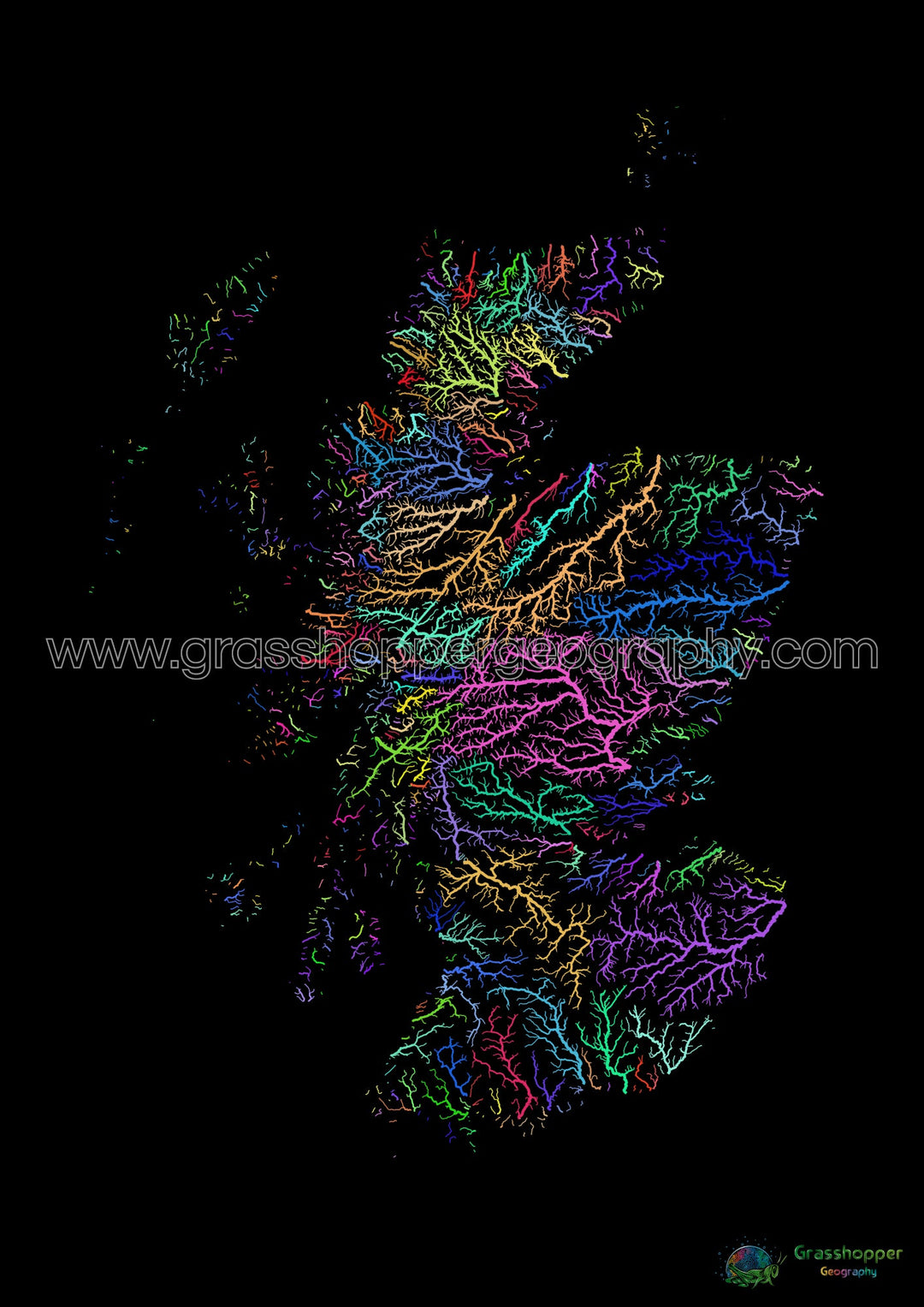 Scotland - River basin map, rainbow on black - Fine Art Print