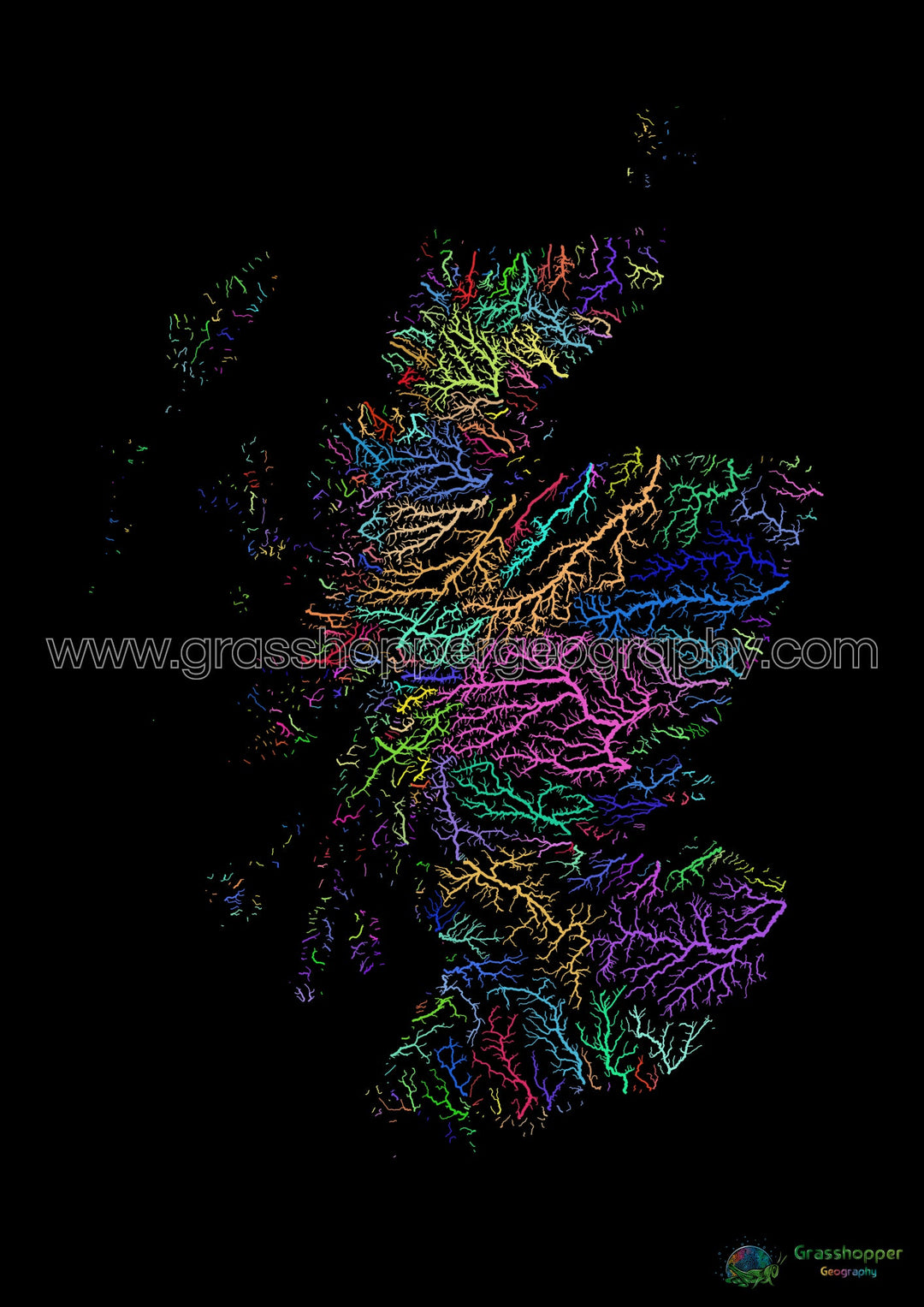 Escocia - Mapa de la cuenca fluvial, arco iris sobre negro - Impresión de bellas artes