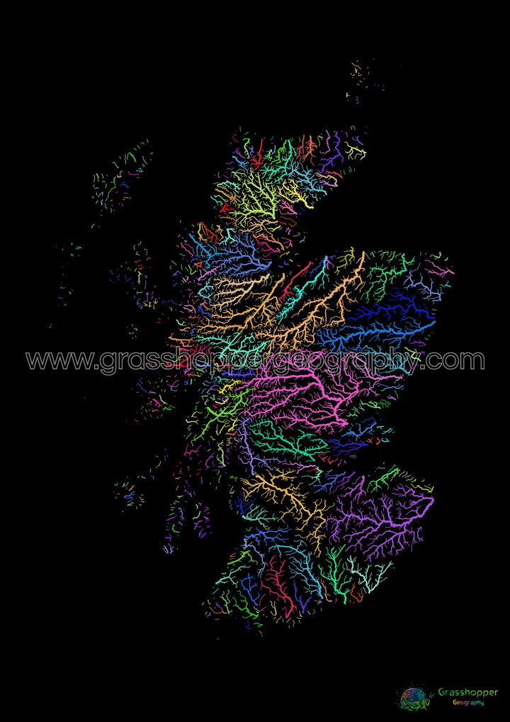 Escocia - Mapa de la cuenca fluvial, arco iris sobre negro - Impresión de bellas artes