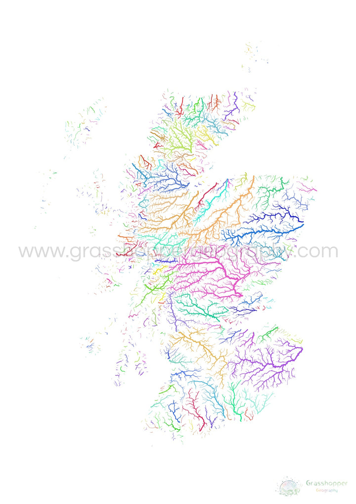 Écosse - Carte des bassins fluviaux, arc-en-ciel sur blanc - Fine Art Print