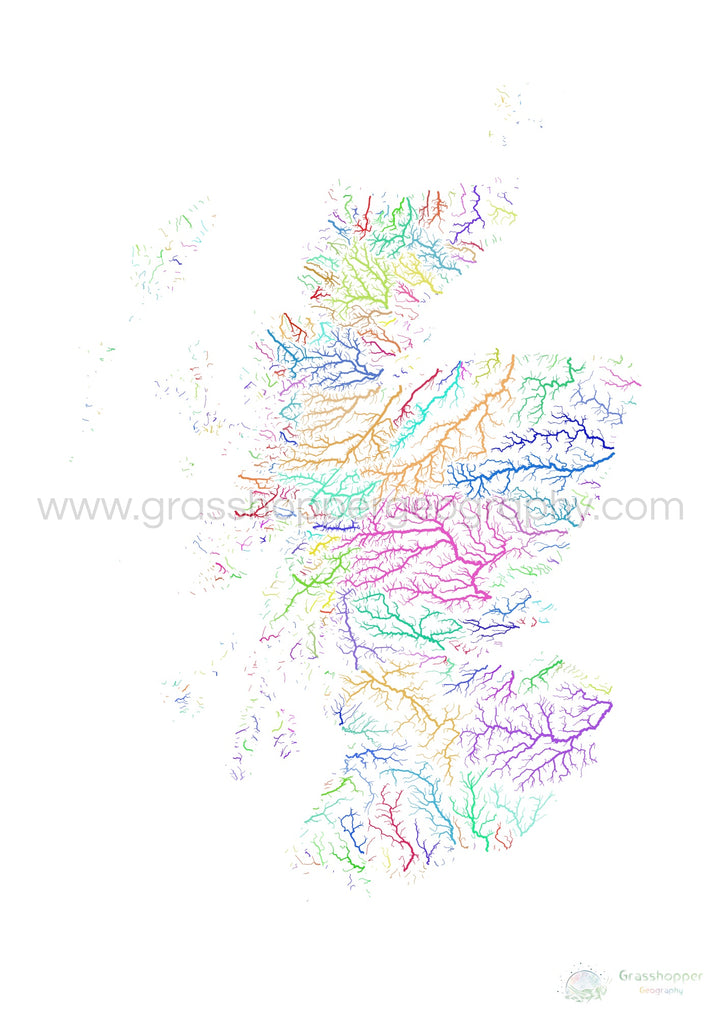 Escocia - Mapa de la cuenca fluvial, arco iris sobre blanco - Impresión de Bellas Artes