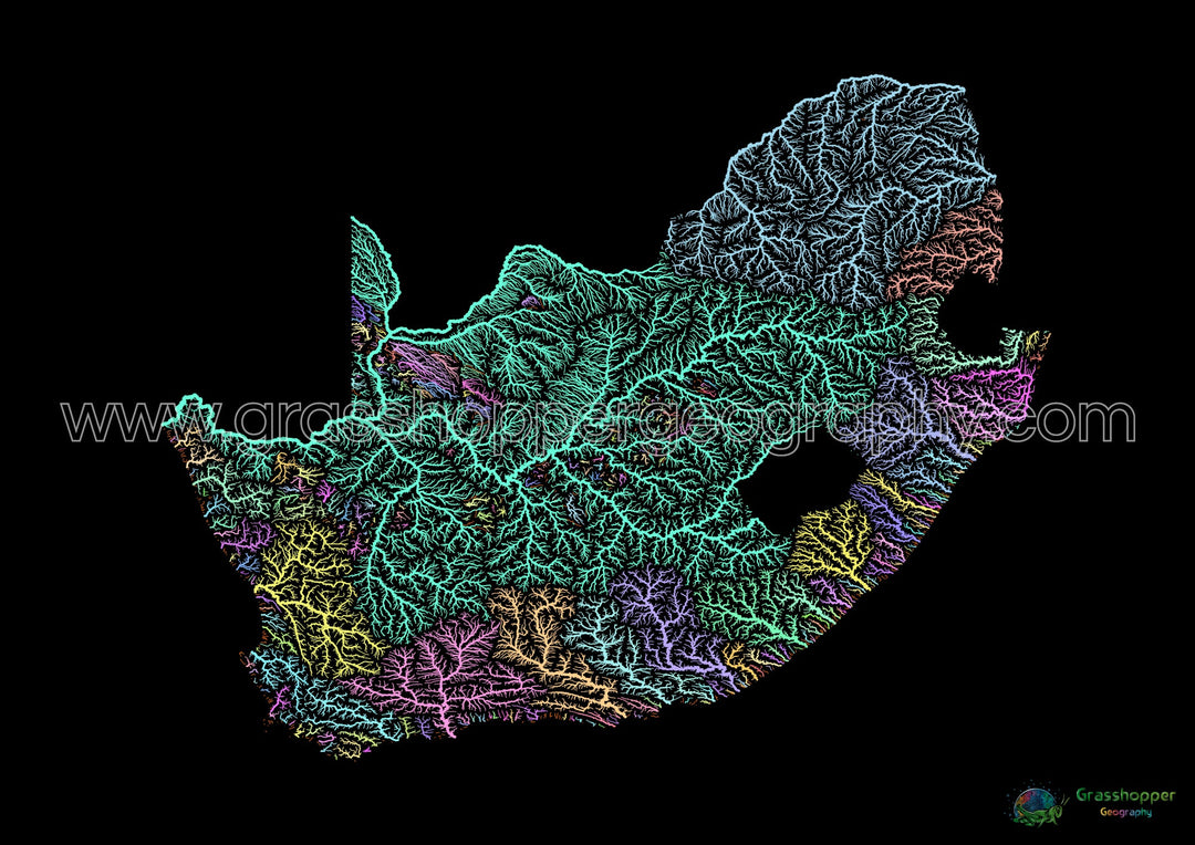 Afrique du Sud - Carte des bassins fluviaux, pastel sur noir - Fine Art Print