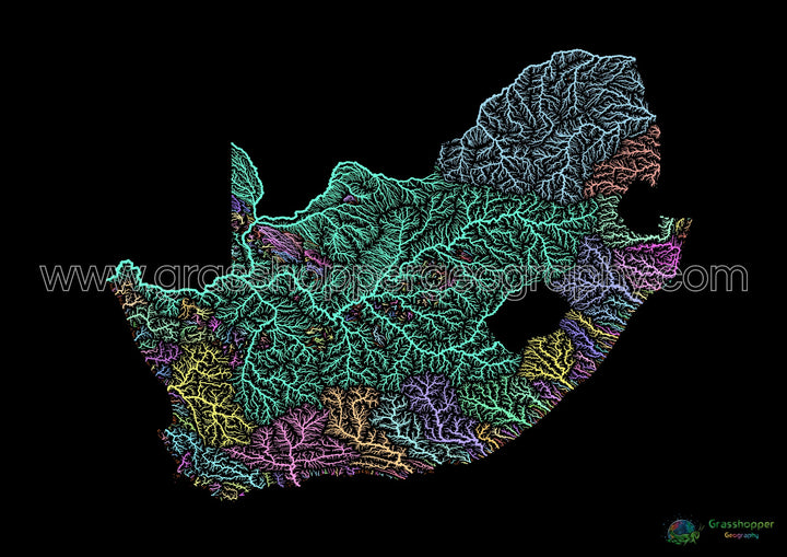 South Africa - River basin map, pastel on black - Fine Art Print