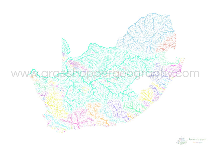 Afrique du Sud - Carte des bassins fluviaux, pastel sur blanc - Fine Art Print