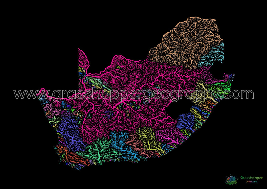 Afrique du Sud - Carte des bassins fluviaux, arc-en-ciel sur noir - Fine Art Print