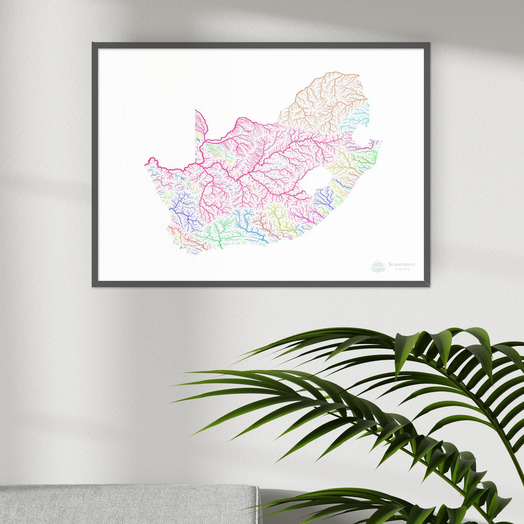 River basin map of South Africa, rainbow colours on white Fine Art Print