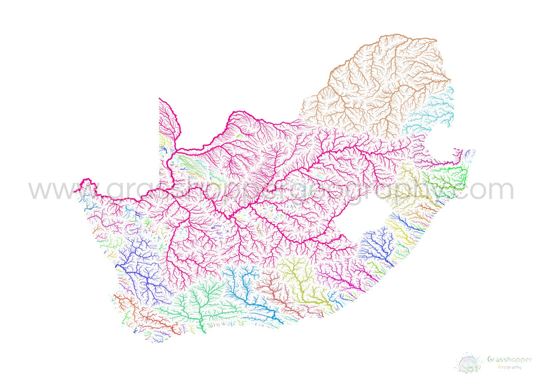 Afrique du Sud - Carte des bassins fluviaux, arc-en-ciel sur blanc - Fine Art Print