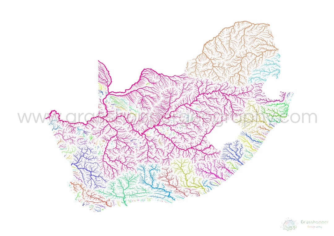 Sudáfrica - Mapa de la cuenca fluvial, arco iris sobre blanco - Impresión de Bellas Artes