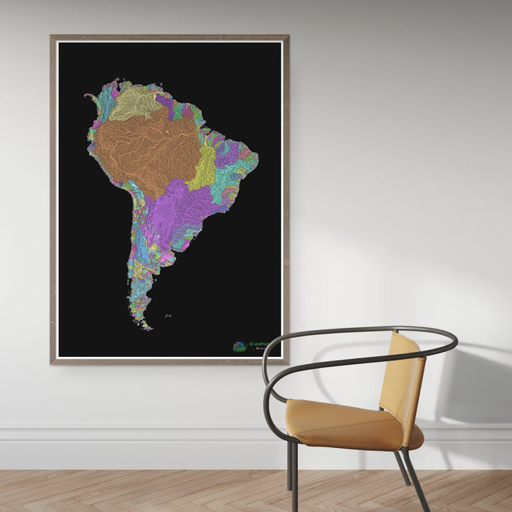 Amérique du Sud - Carte des bassins fluviaux, pastel sur noir - Fine Art Print