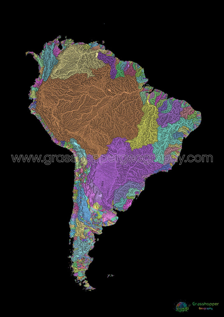River basin map of South America, pastel colours on black - Fine Art Print