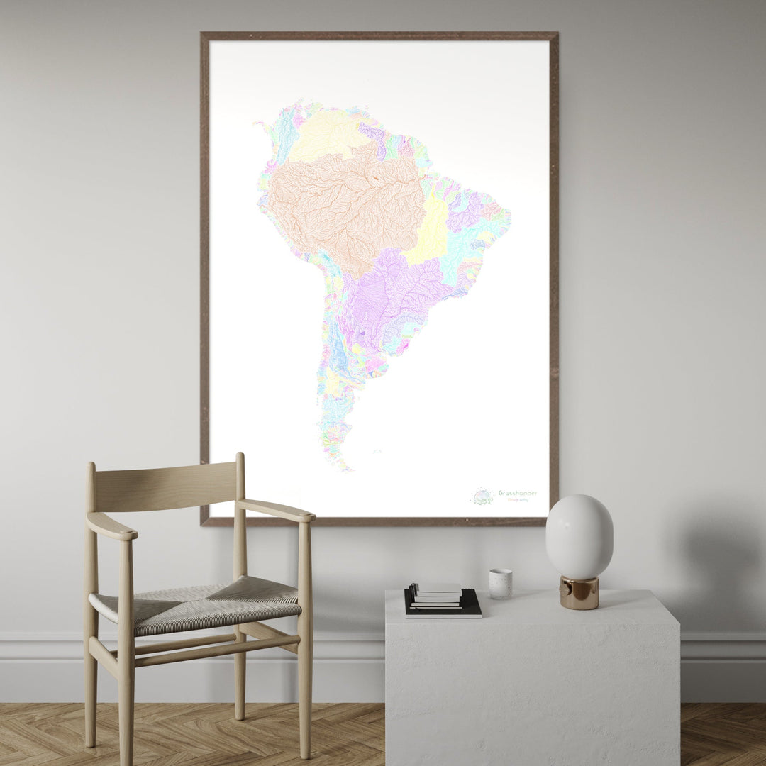 Amérique du Sud - Carte des bassins fluviaux, pastel sur blanc - Fine Art Print