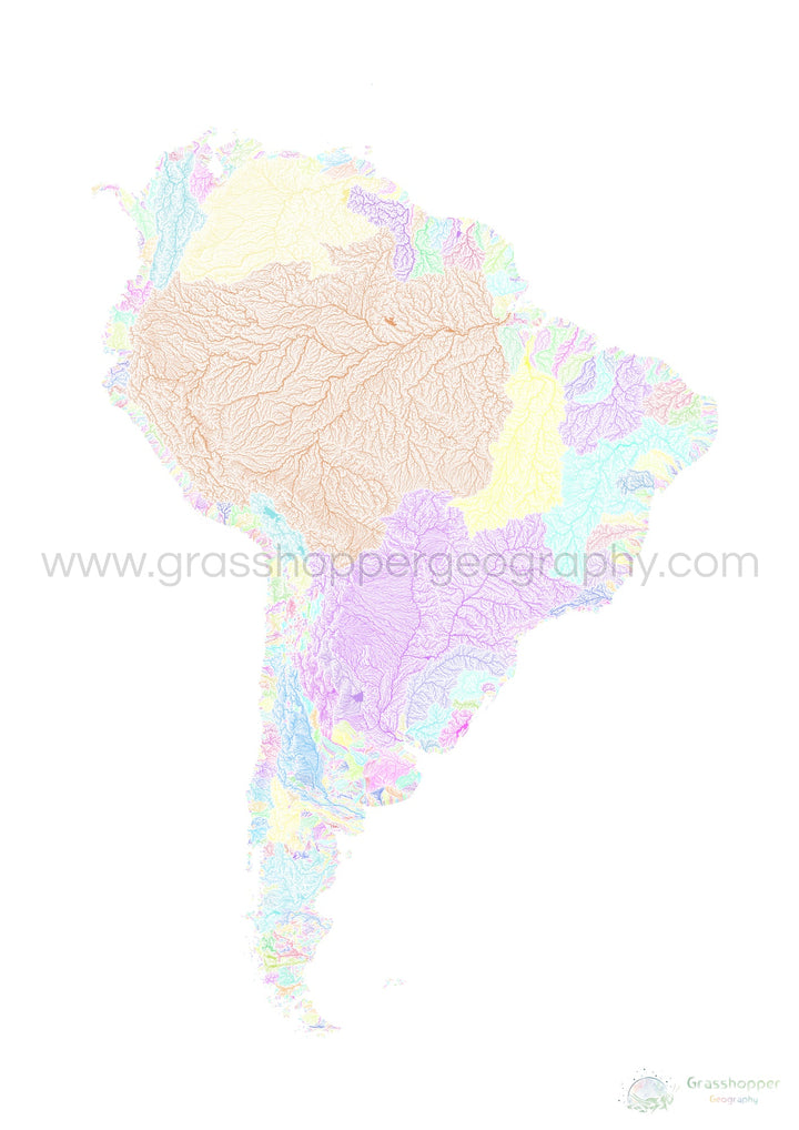 South America - River basin map, pastel on white - Fine Art Print
