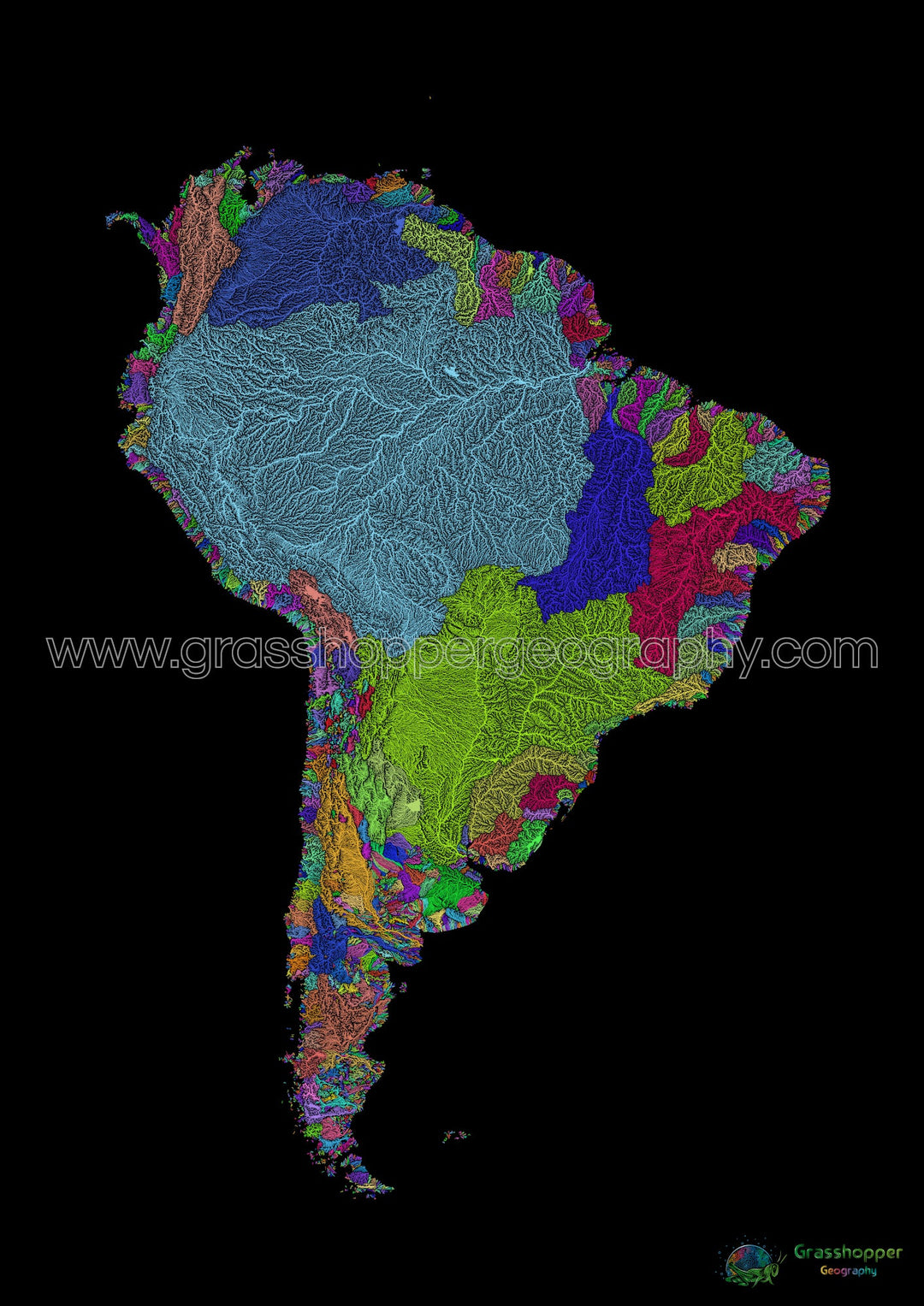 América del Sur - Mapa de cuencas fluviales, arco iris sobre negro - Impresión de Bellas Artes