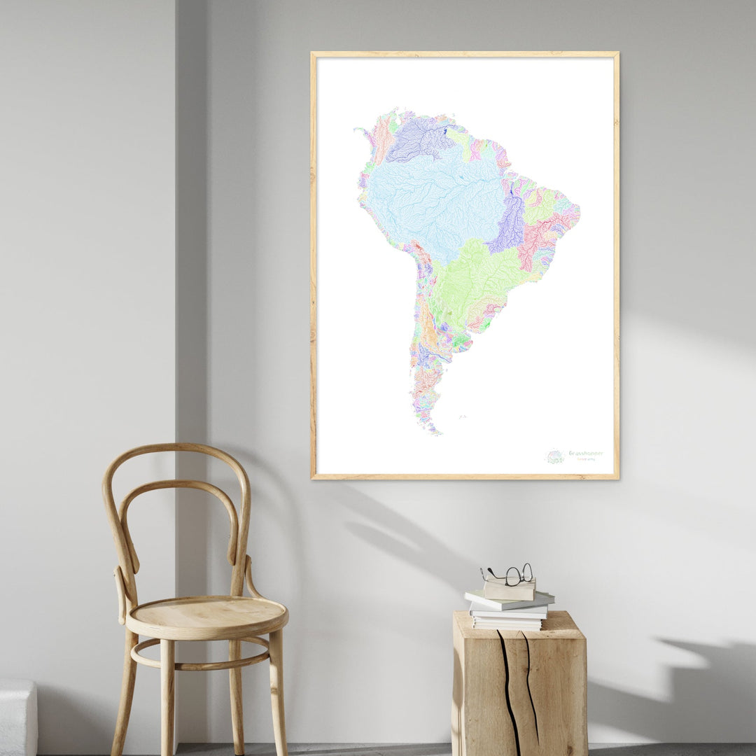 América do Sul - Mapa da bacia hidrográfica, arco-íris em branco - Impressão de belas artes