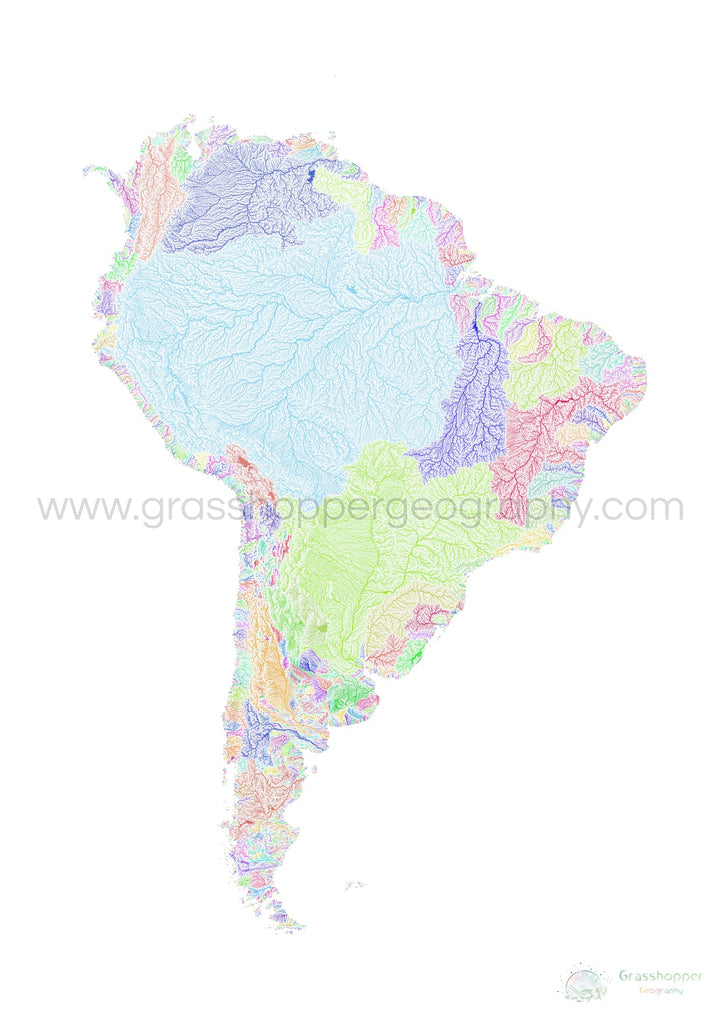 América del Sur - Mapa de cuencas fluviales, arco iris sobre blanco - Impresión de Bellas Artes