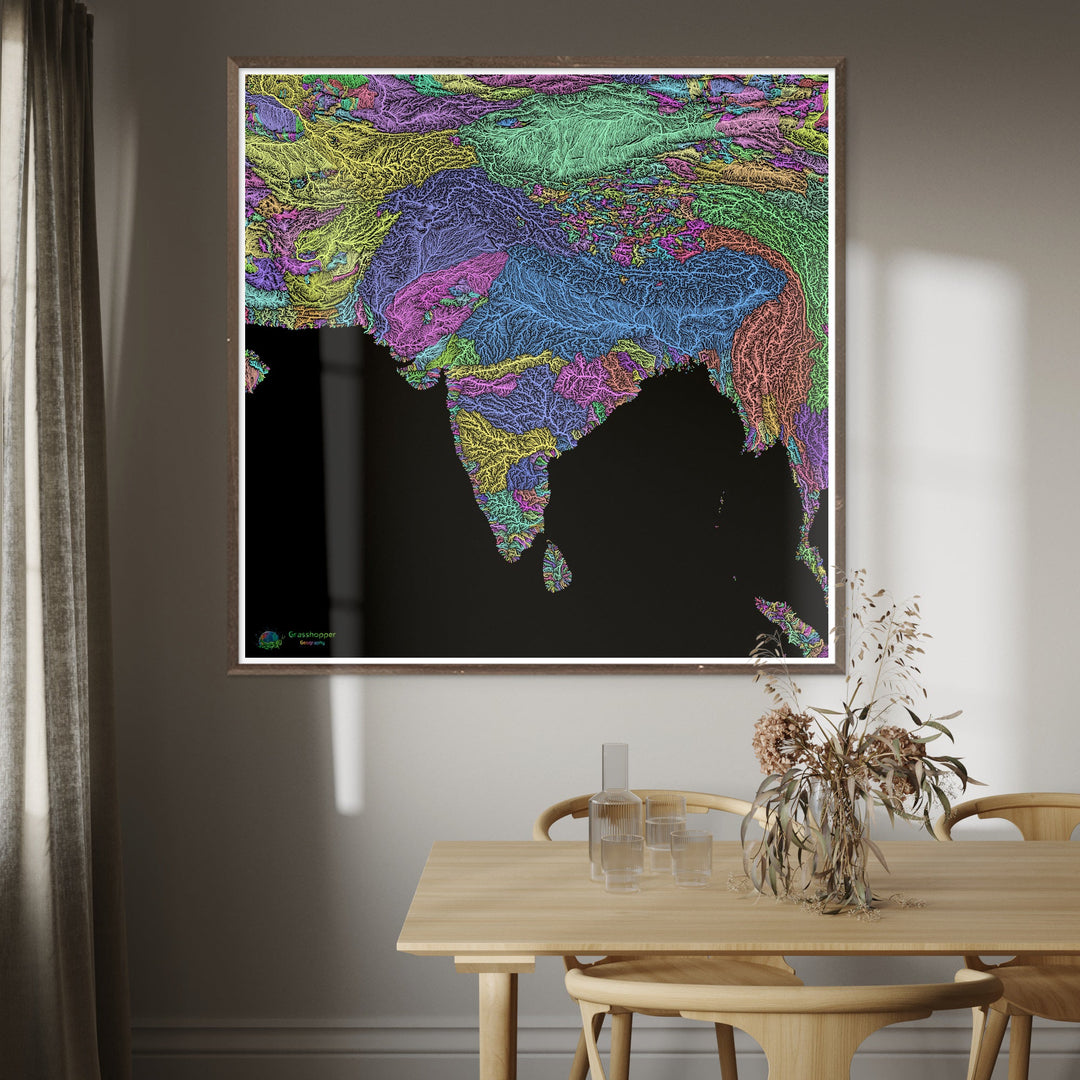 Asie du Sud - Carte des bassins fluviaux, pastel sur noir - Fine Art Print