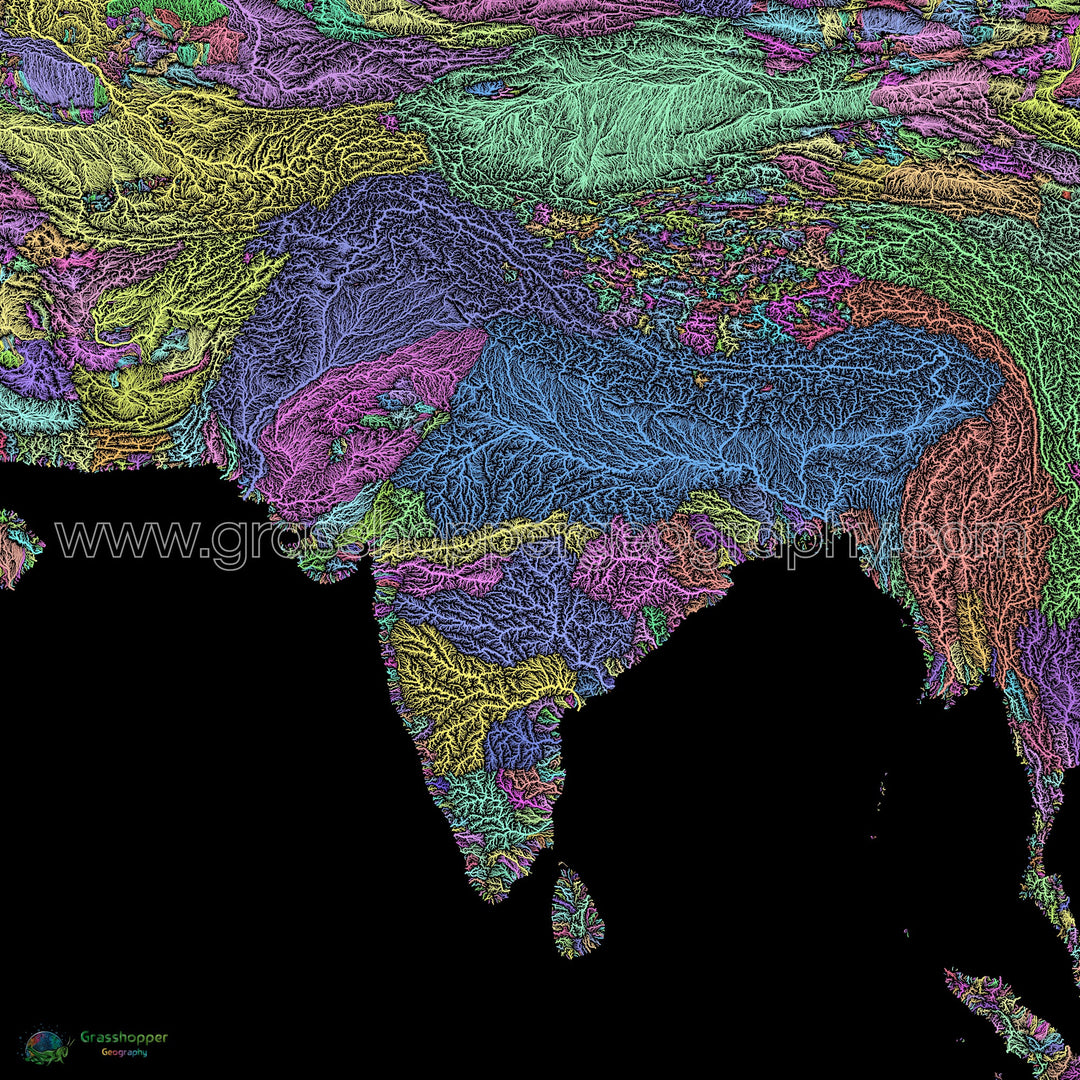 South Asia - River basin map, pastel on black - Fine Art Print