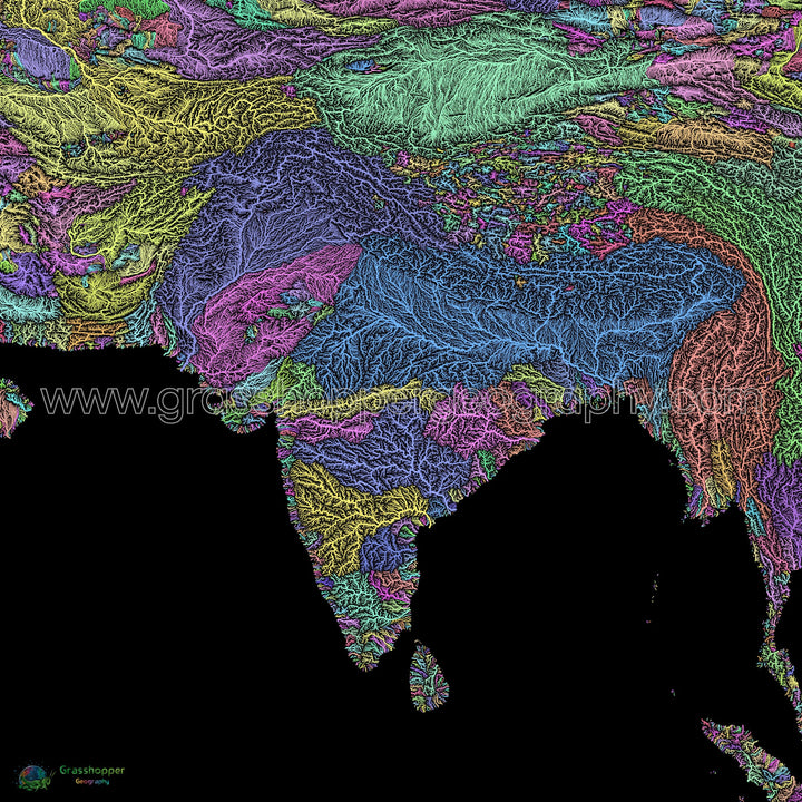 Asie du Sud - Carte des bassins fluviaux, pastel sur noir - Fine Art Print