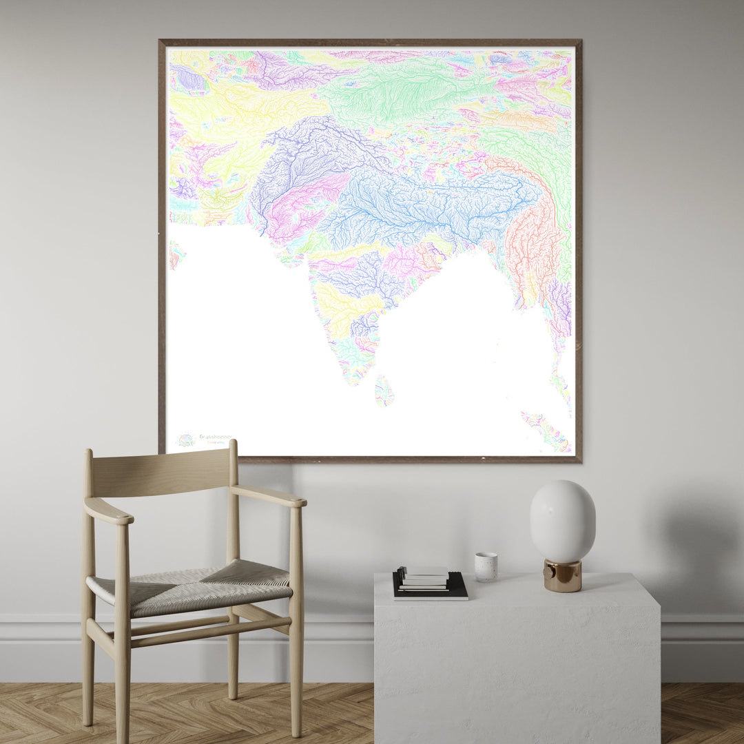Asia Meridional - Mapa de la cuenca fluvial, pastel sobre blanco - Impresión de Bellas Artes