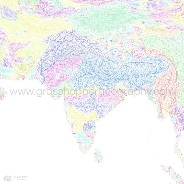 River basin map of South Asia, pastel colours on white - Fine Art Print
