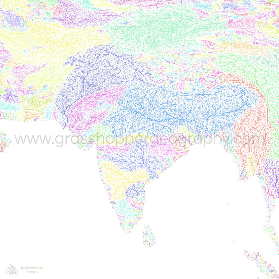 Sul da Ásia - Mapa da bacia hidrográfica, pastel sobre branco - Impressão de belas artes