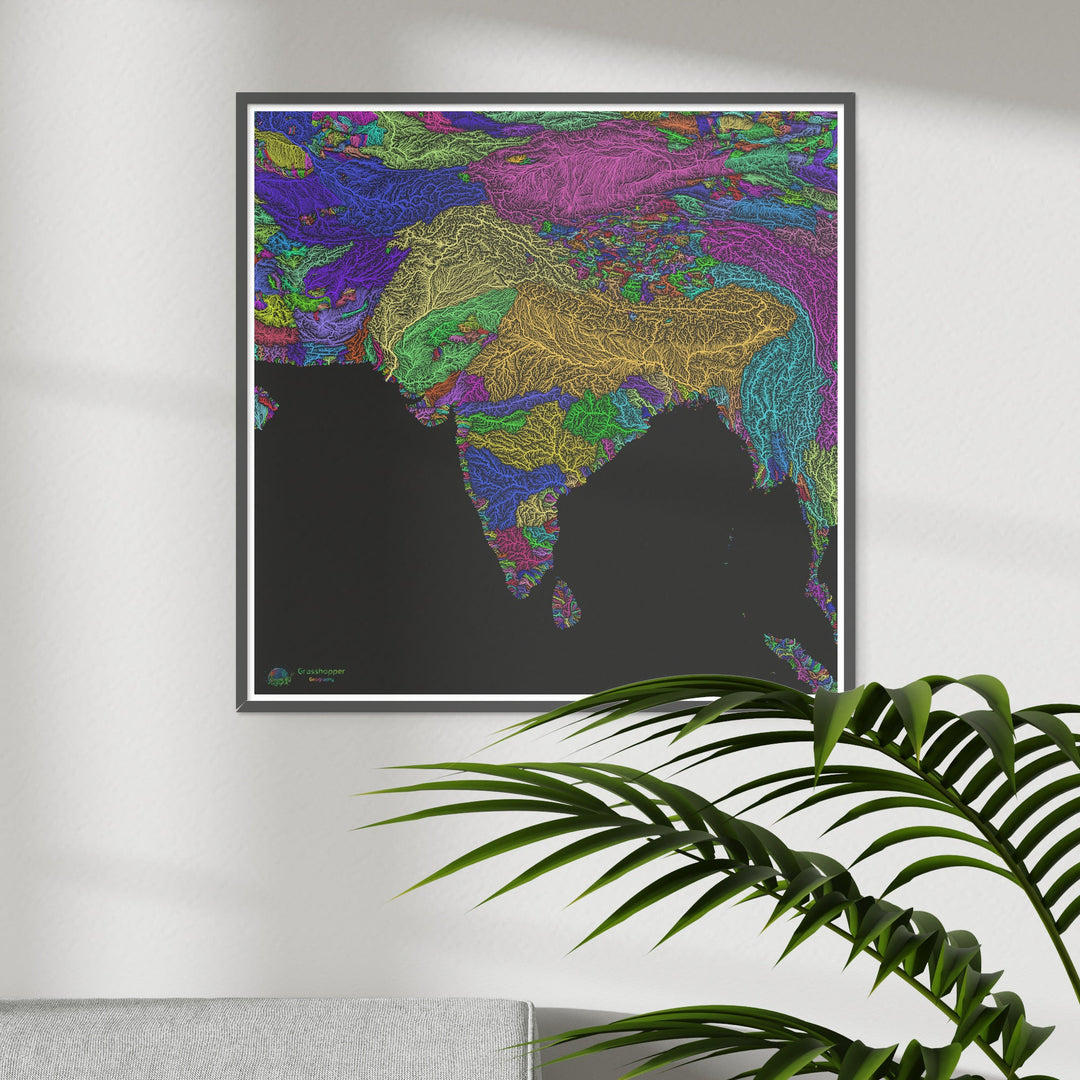 Asie du Sud - Carte des bassins fluviaux, arc-en-ciel sur noir - Fine Art Print