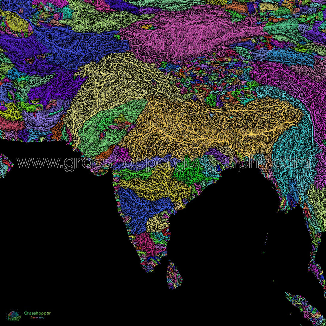 South Asia - River basin map, rainbow on black - Fine Art Print