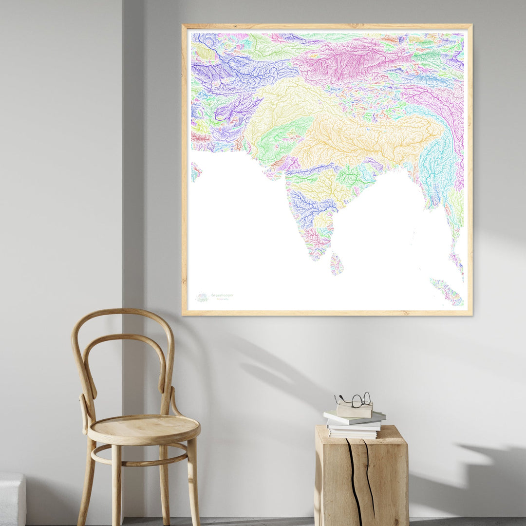 South Asia - River basin map, rainbow on white - Fine Art Print