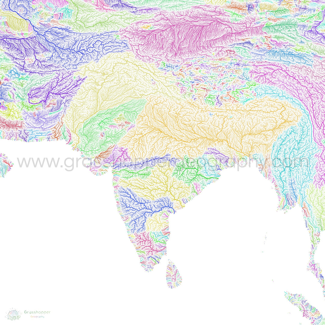 South Asia - River basin map, rainbow on white - Fine Art Print