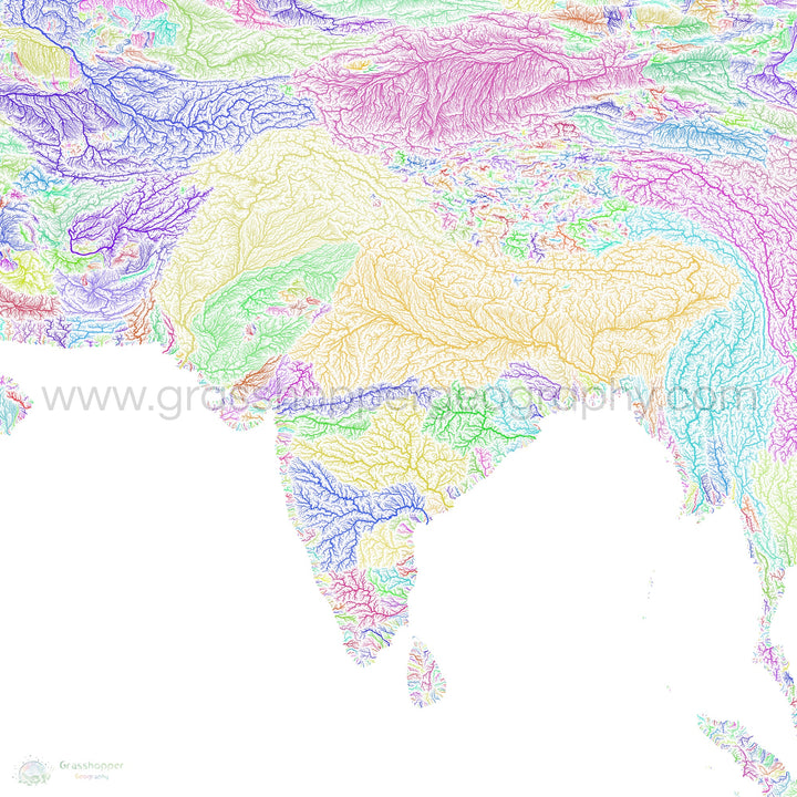 南亚 - 河流流域地图，白色彩虹 - 美术印刷品