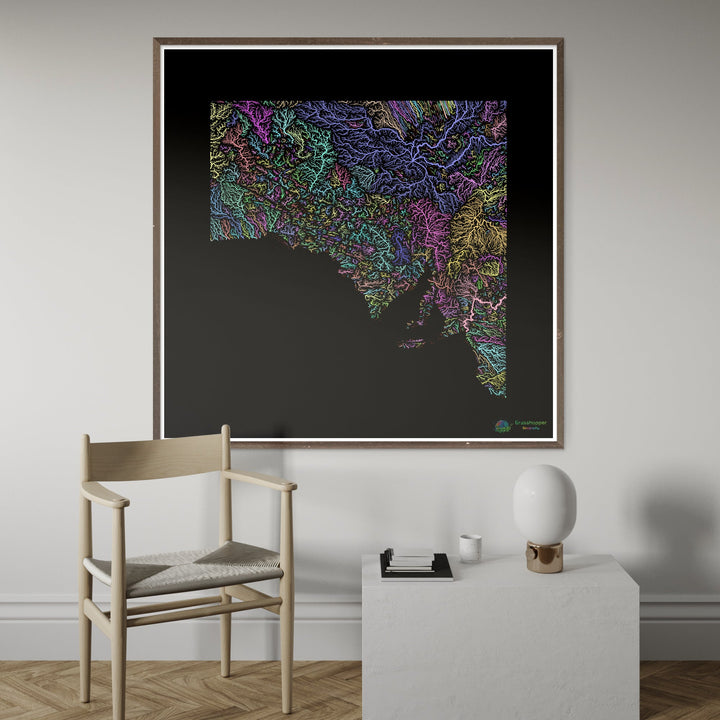 Australie-Méridionale - Carte des bassins fluviaux, pastel sur noir - Fine Art Print