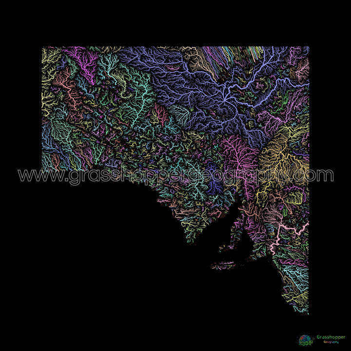 Austrália do Sul - Mapa da bacia hidrográfica, pastel sobre preto - Impressão de belas artes