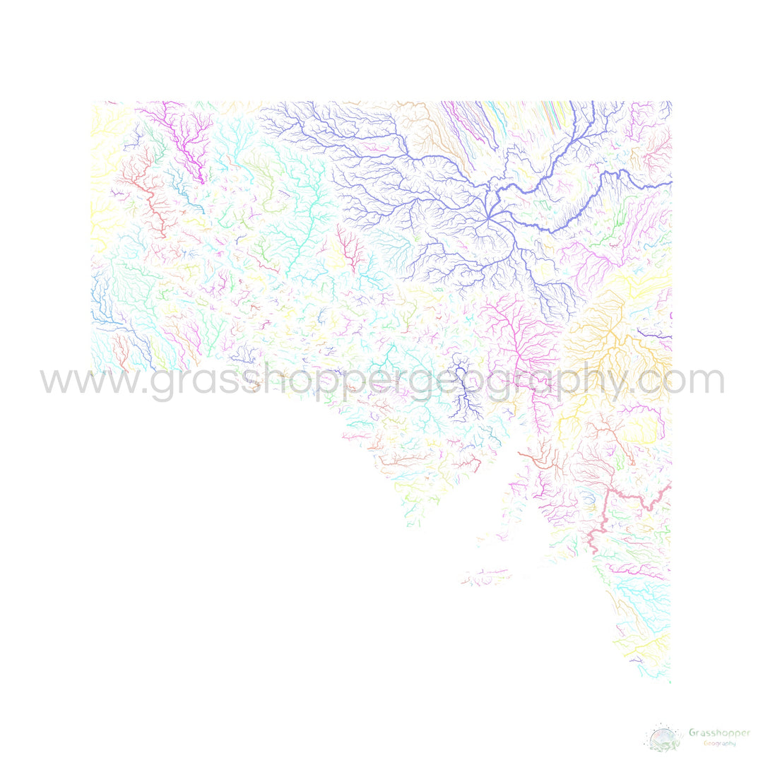 Austrália do Sul - Mapa da bacia hidrográfica, pastel sobre branco - Impressão de belas artes