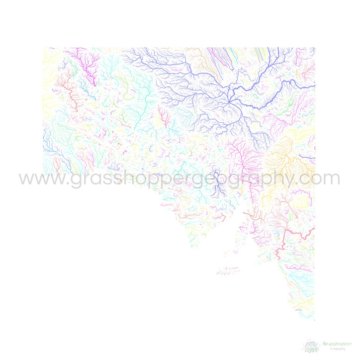 Austrália do Sul - Mapa da bacia hidrográfica, pastel sobre branco - Impressão de belas artes