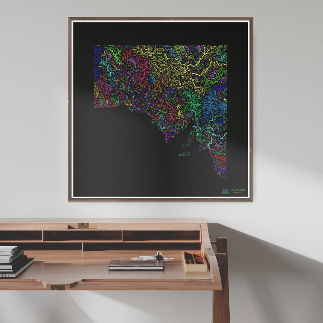 South Australia - River basin map, rainbow on black - Fine Art Print