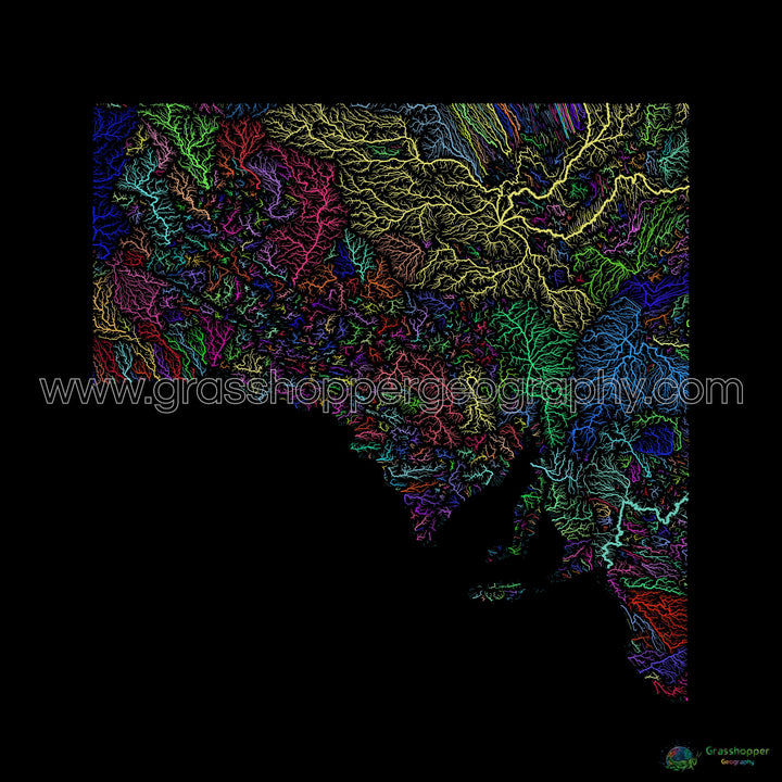 River basin map of South Australia, rainbow colours on black - Fine Art Print