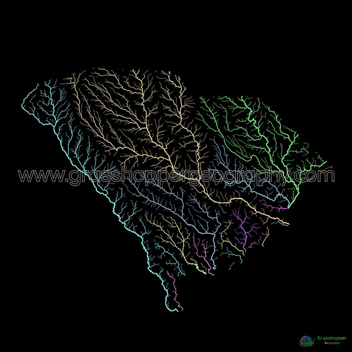 Carolina del Sur - Mapa de la cuenca del río, pastel sobre negro - Impresión de Bellas Artes