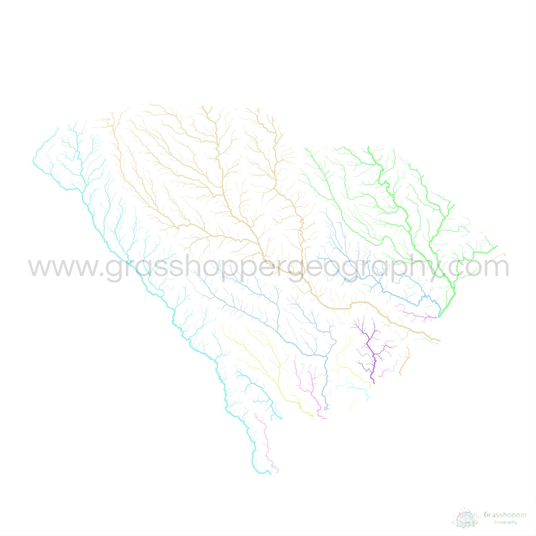 Caroline du Sud - Carte du bassin fluvial, pastel sur blanc - Fine Art Print