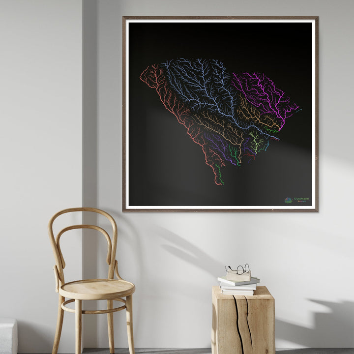 South Carolina - River basin map, rainbow on black - Fine Art Print