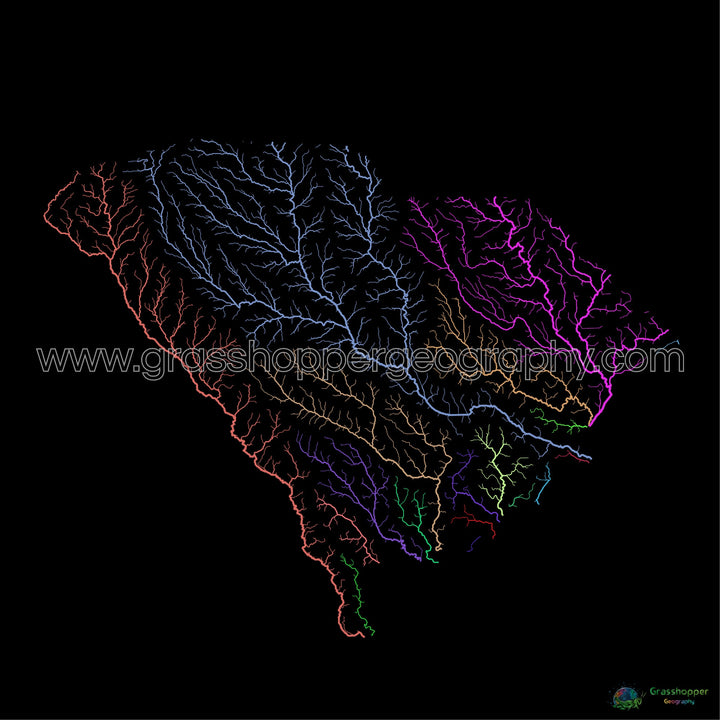 Caroline du Sud - Carte du bassin fluvial, arc-en-ciel sur noir - Fine Art Print