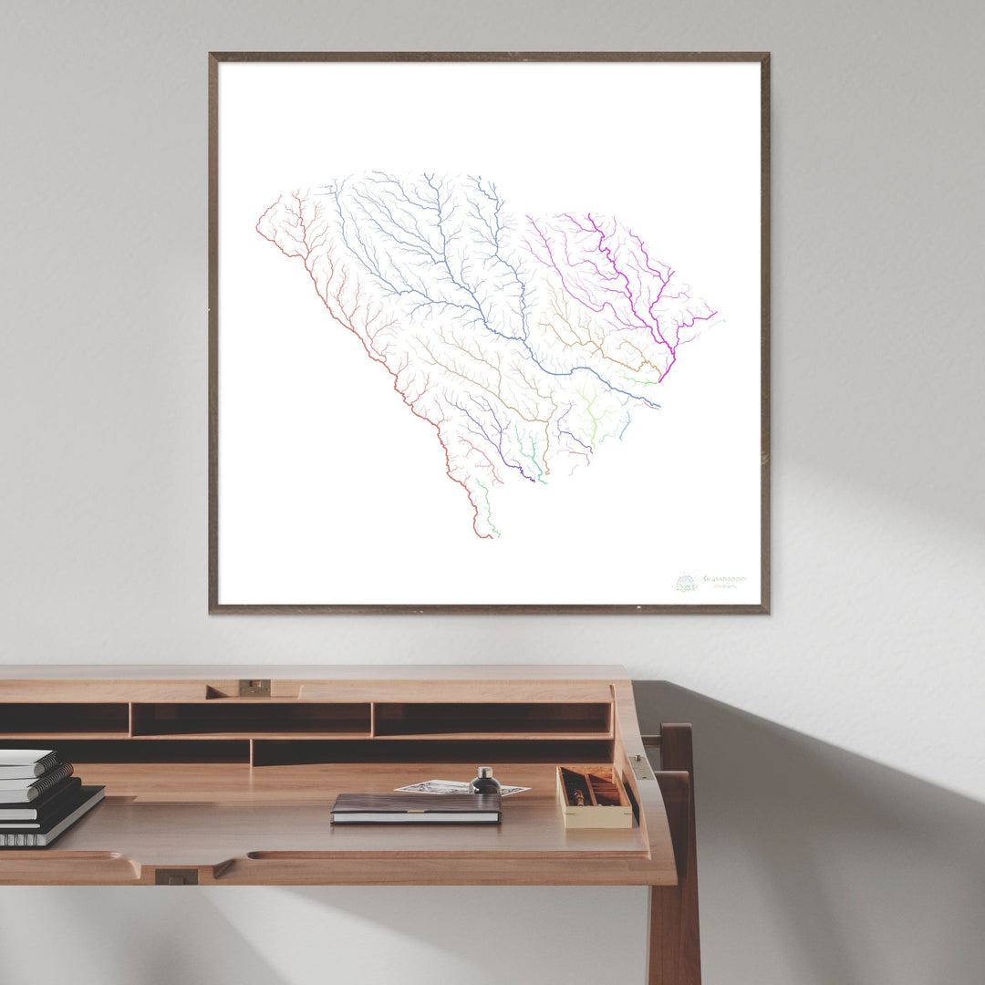 South Carolina - River basin map, rainbow on white - Fine Art Print