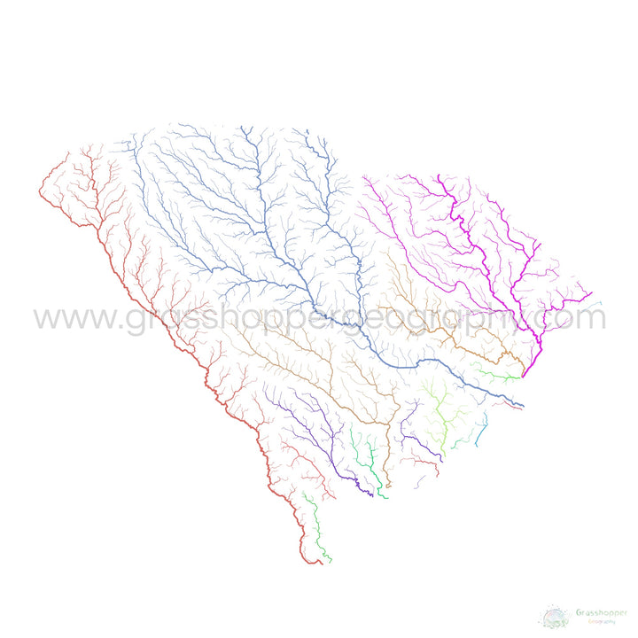 South Carolina - River basin map, rainbow on white - Fine Art Print