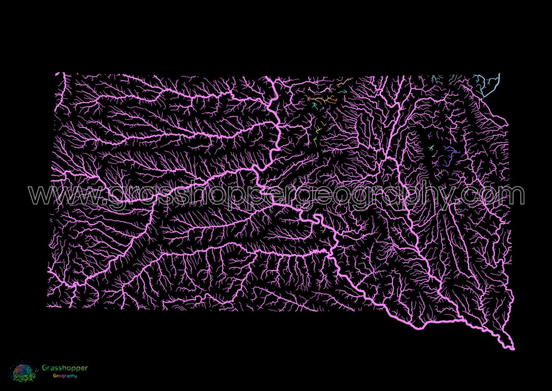 Dakota del Sur - Mapa de la cuenca fluvial, pastel sobre negro - Impresión de bellas artes