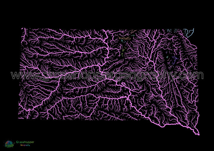 Dakota del Sur - Mapa de la cuenca fluvial, pastel sobre negro - Impresión de bellas artes