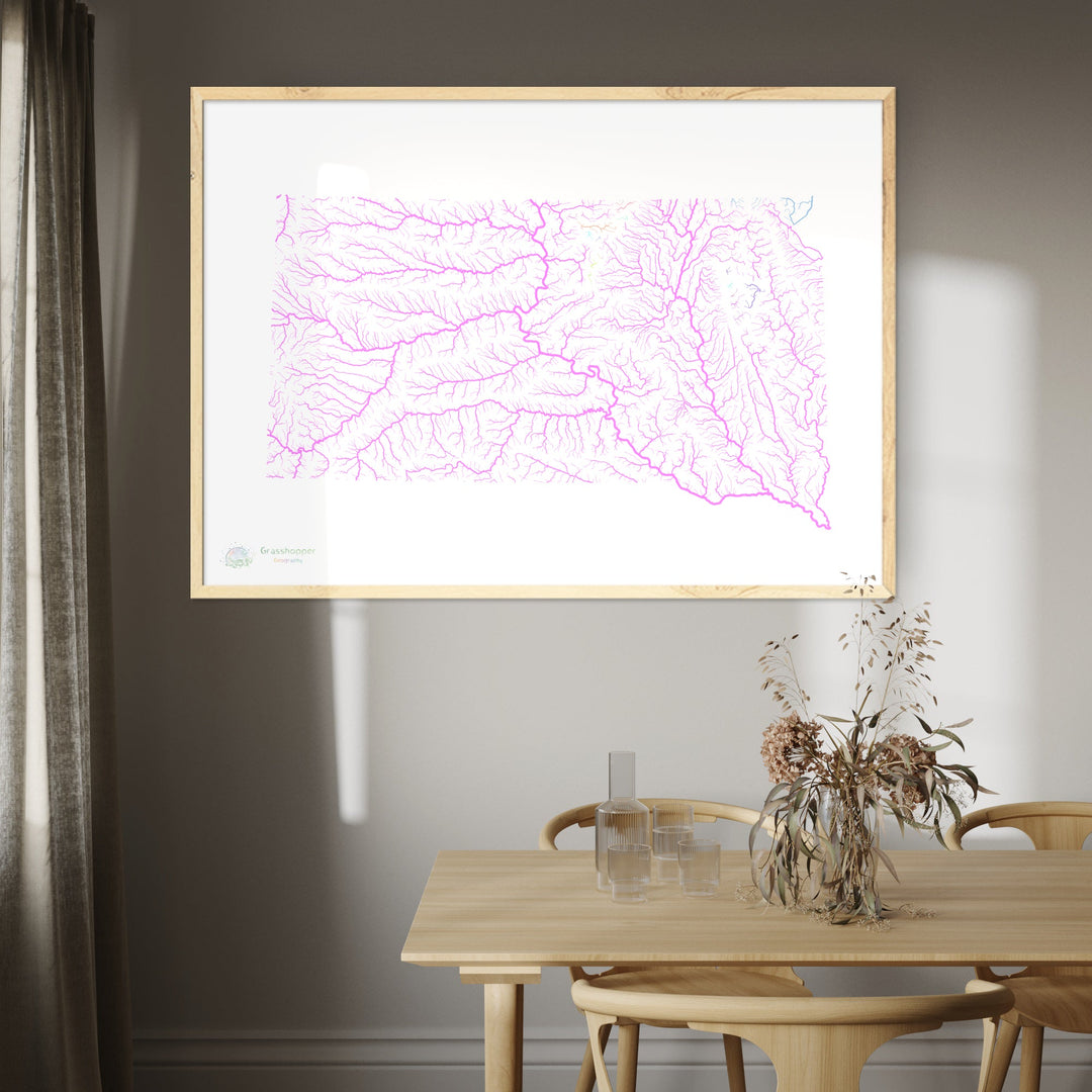 Dakota del Sur - Mapa de la cuenca del río, pastel sobre blanco - Impresión de Bellas Artes