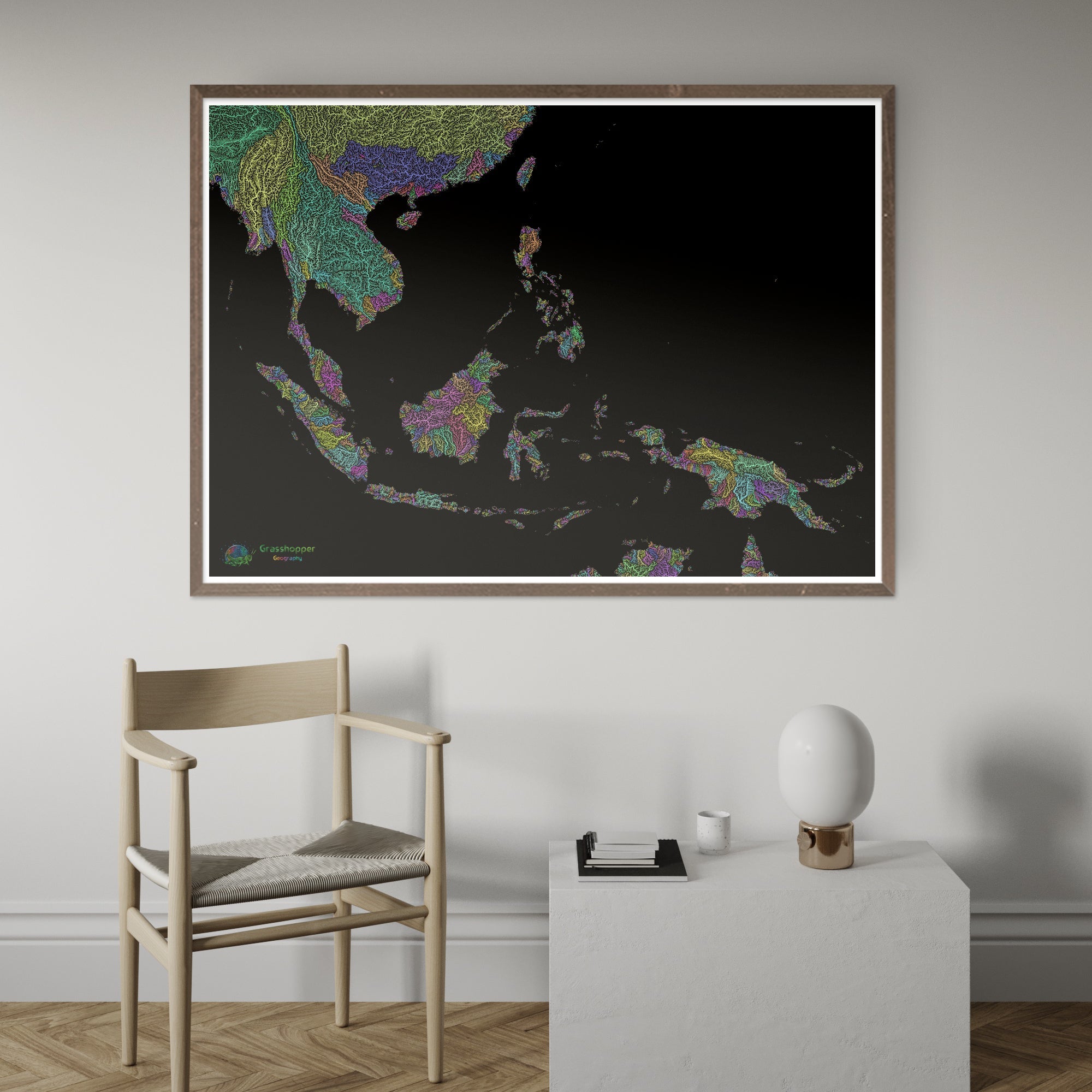 东南亚- 河流流域地图，黑色粉彩- 美术印刷品– Grasshopper